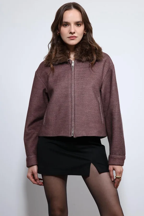 Veste Antioch bordeaux en laine mélangée à col en fausse fourrure