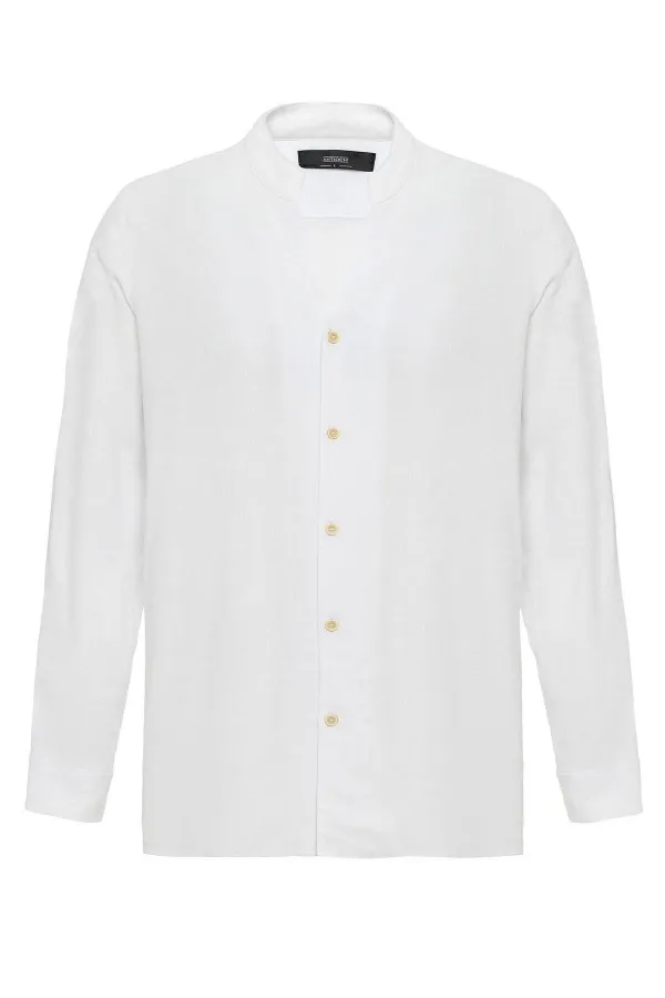 Antioch White Mandarin Collar Long-Sleeved Men's Shirt