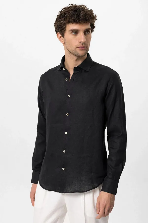Antioch Black Collar Button Detail 100% Linen Men's Shirt