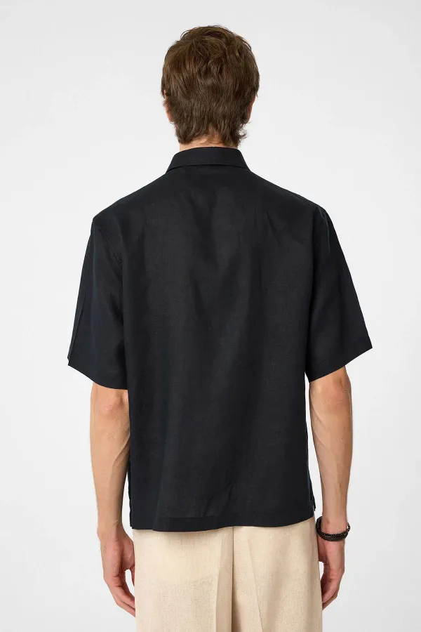 Antioch Siyah 100% Keten Relaxed Erkek Gömlek
