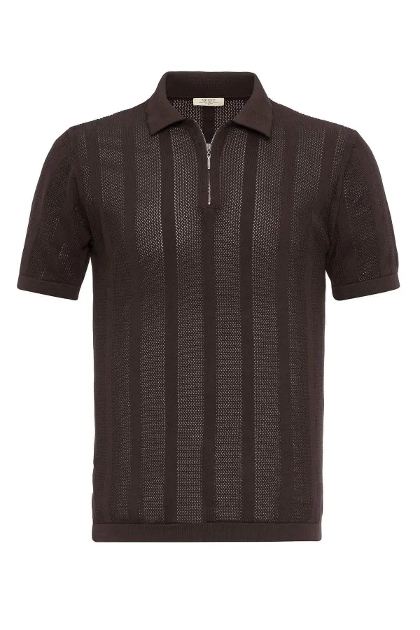 Antioch Kahve Polo Yaka Fermuarlı Örme Erkek T-Shirt