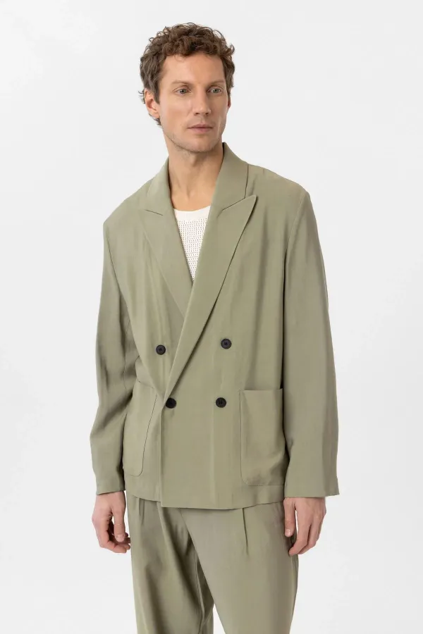 Antioch Haki Relax Fit Diagonel İnce Erkek Blazer Ceket