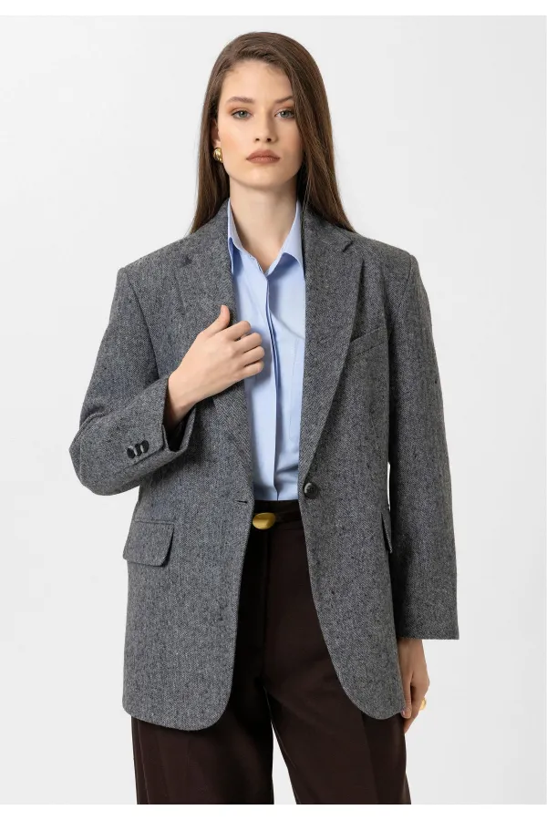 Antioch Black Women's Relax Fit Herringbone Pattern Blazer Jacket