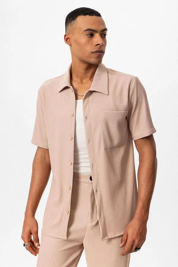 Antioch Beige Corduroy Short-Sleeved Men's Shirt
