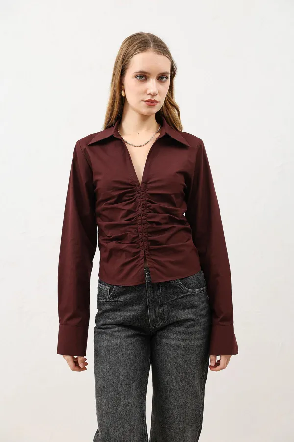 Chemise femme Antioch Burgundy en popeline froncée