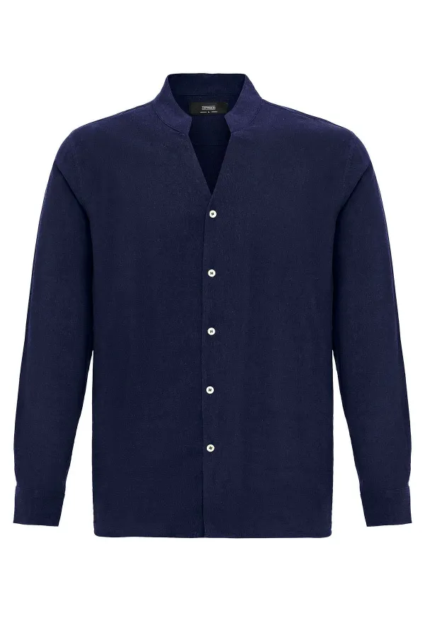 Antioch Navy Blue Mandarin Collar Long-Sleeved Men's Shirt
