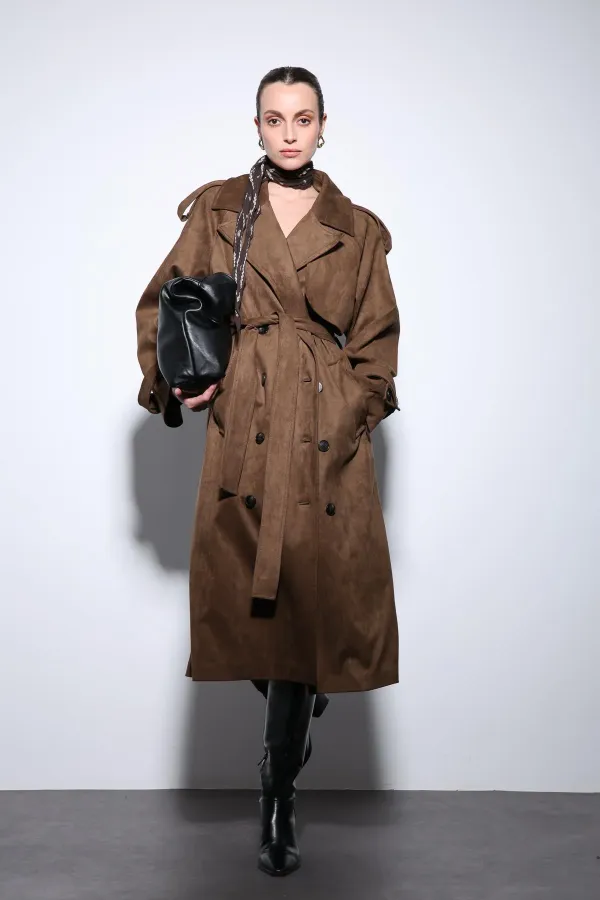 Antioch Kahve Kruvaze Süet Görünümlü Premium Kadın Trençkot