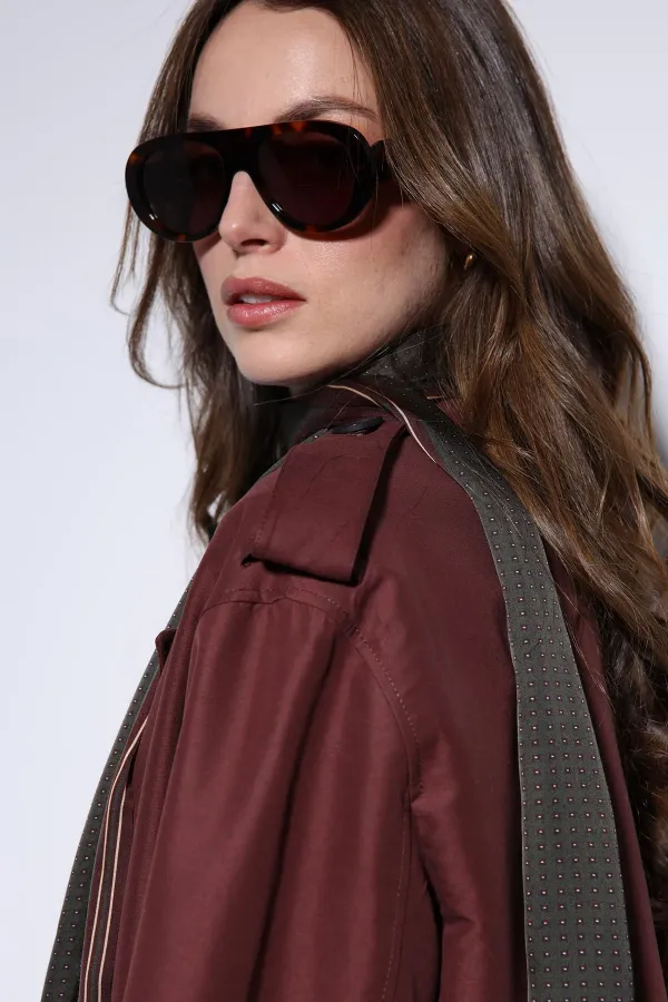 Trench-coat Antioch bordeaux à double boutonnage et ceinture pour femme