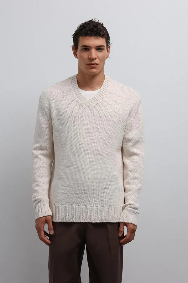 Antioch Ecru Textured V-Neck Men's Sweater