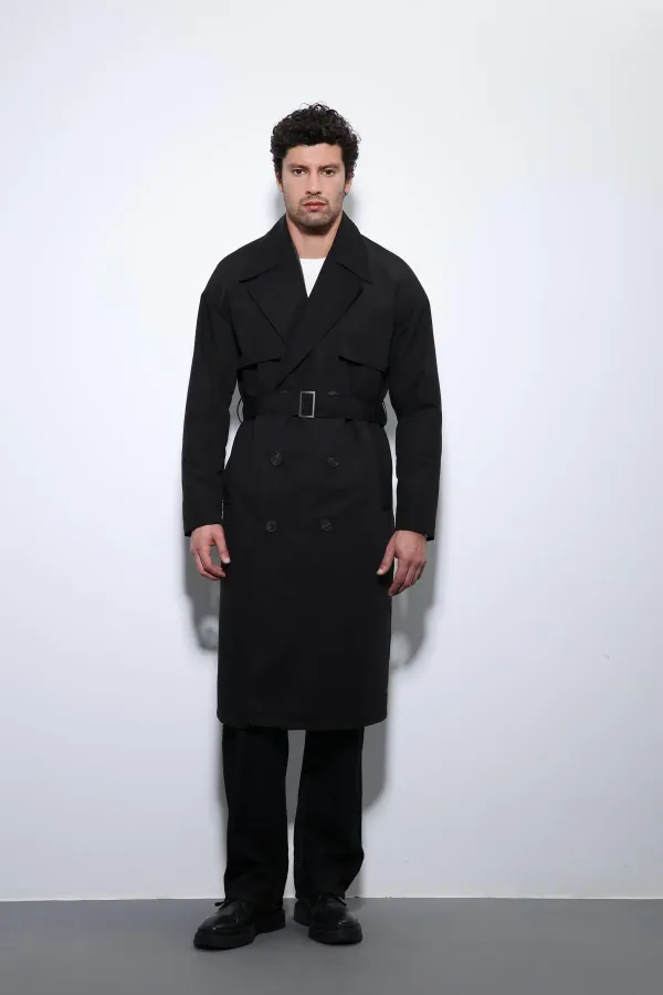 Trench-coat Antioch noir à double boutonnage avec ceinture