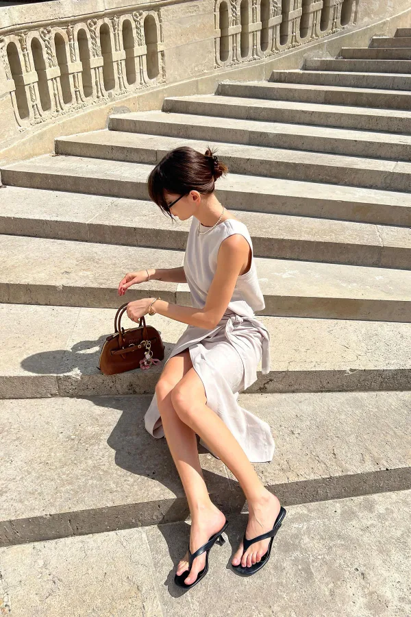 Antioch Beige Linen Blend Belted Women's Skirt