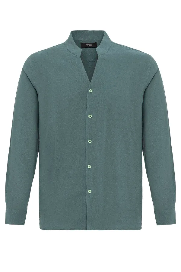 Antioch Khaki Mandarin Collar Long-Sleeved Men's Shirt