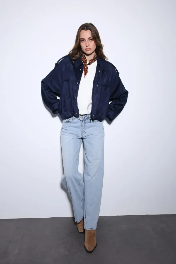 Antioch Lacivert Süet Görünümlü Bomber Kadın Mont