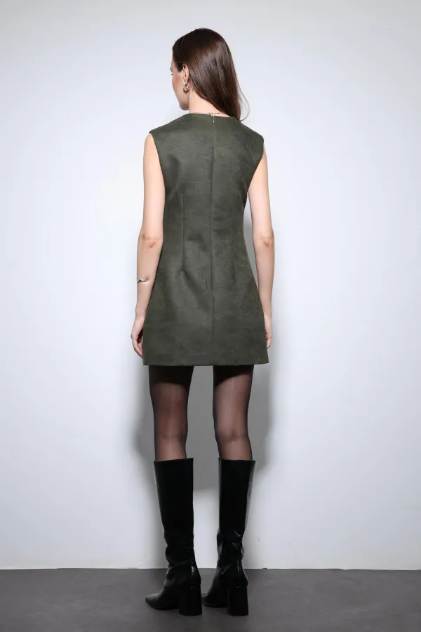 Antioch Haki Dekolteli Kısa Elbise