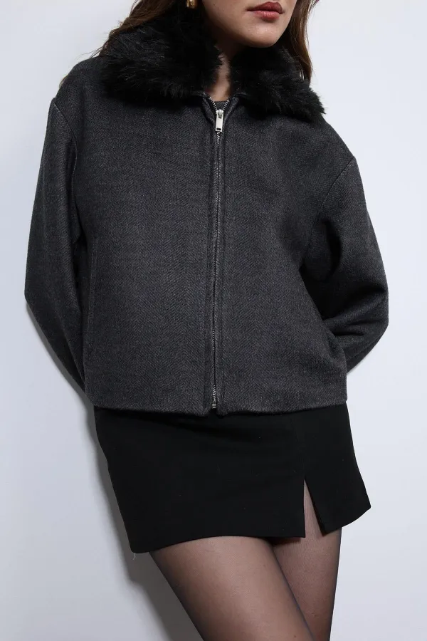 Antioch Anthracite Wool Blend Faux Fur Collar Jacket