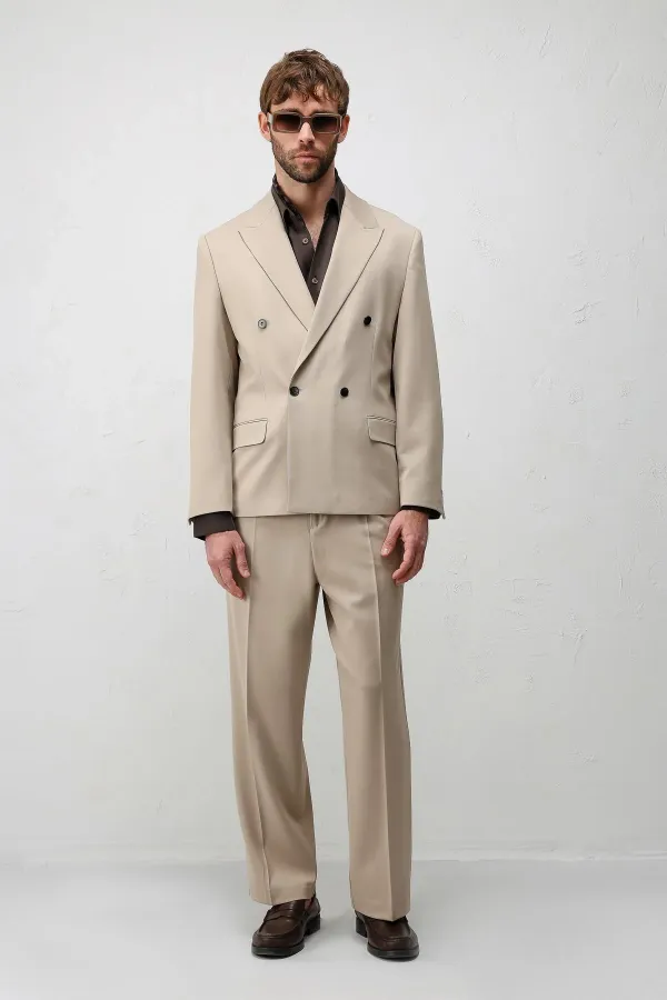 Antioch Bej Relax Fit Kruvaze Erkek Blazer Ceket