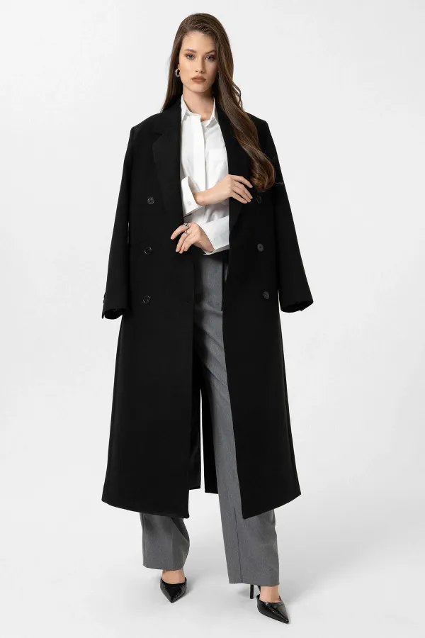 Antioch Siyah Kadın Kuşaklı Kruvaze Kaban