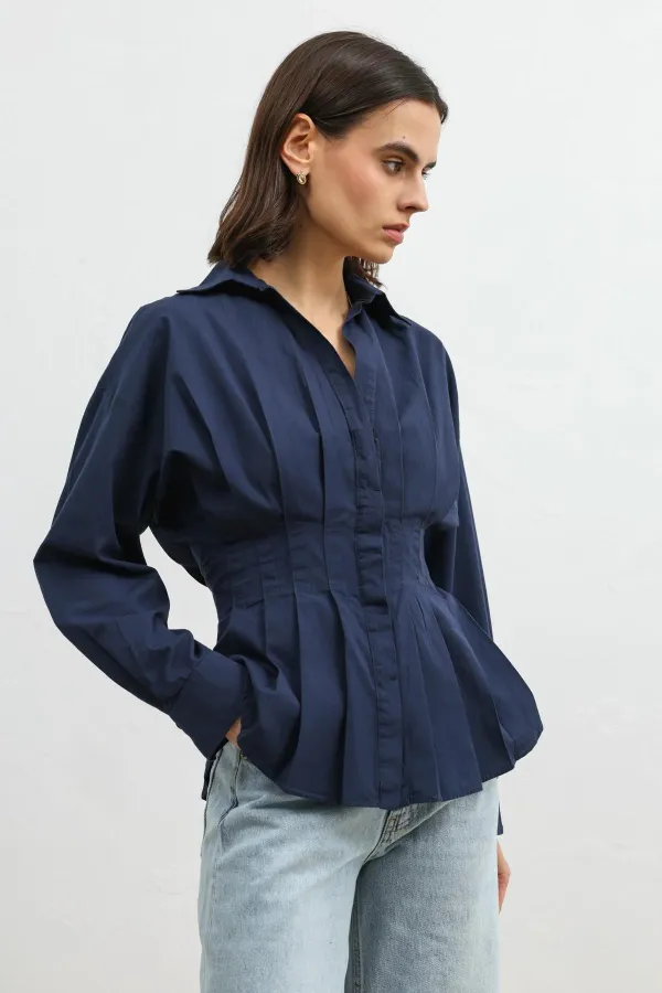Chemise Antioch bleu marine plissée en popeline pour femme