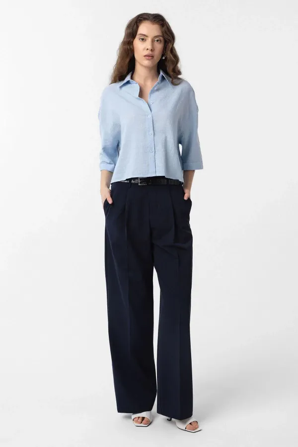 Antioch Lacivert Yüksek Bel Pilili Kadın Pantolon