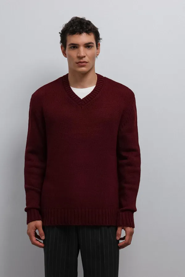 Pull homme Antioch bordeaux texturé à col en V