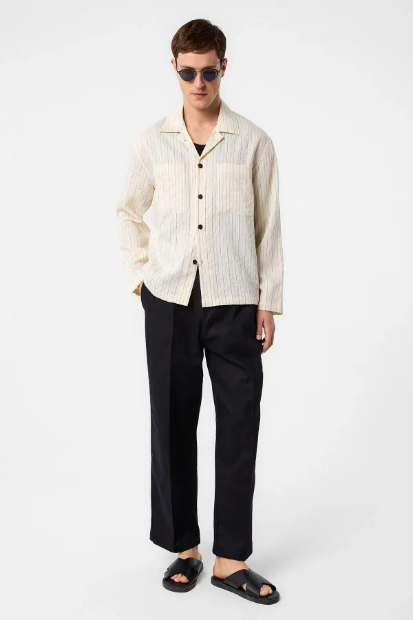Antioch Ekru Modal Kumaş Çizgili Erkek Gömlek