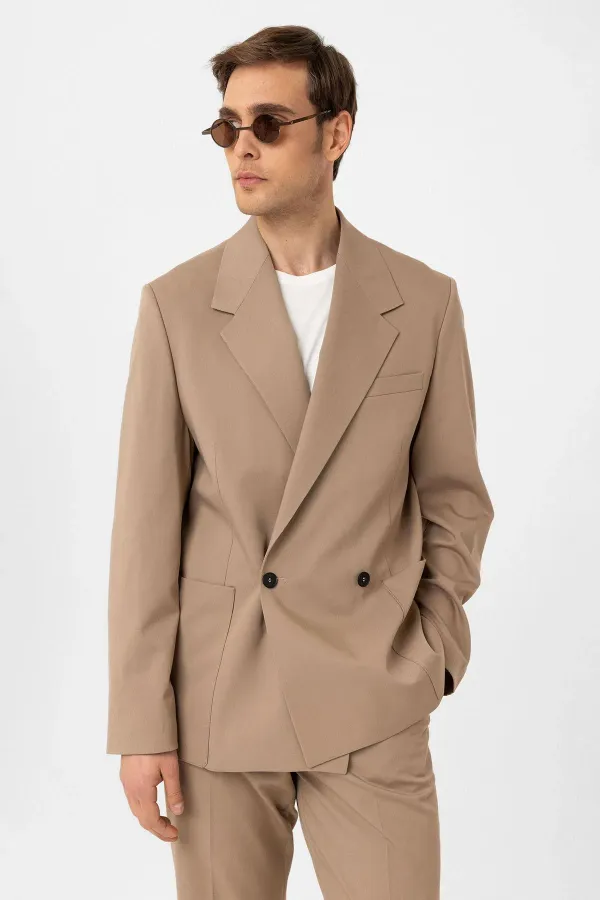 Antioch Beige Relax Fit Double-Breasted Men's Technical Blazer Jacket