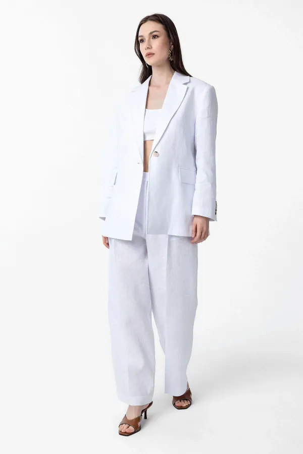 Antioch Beyaz 100% Keten Kadın Blazer Ceket