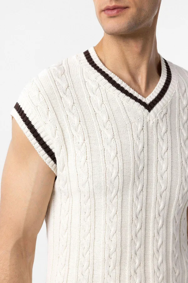 Antioch Ekru 100% Pamuk Örgü Erkek Yelek