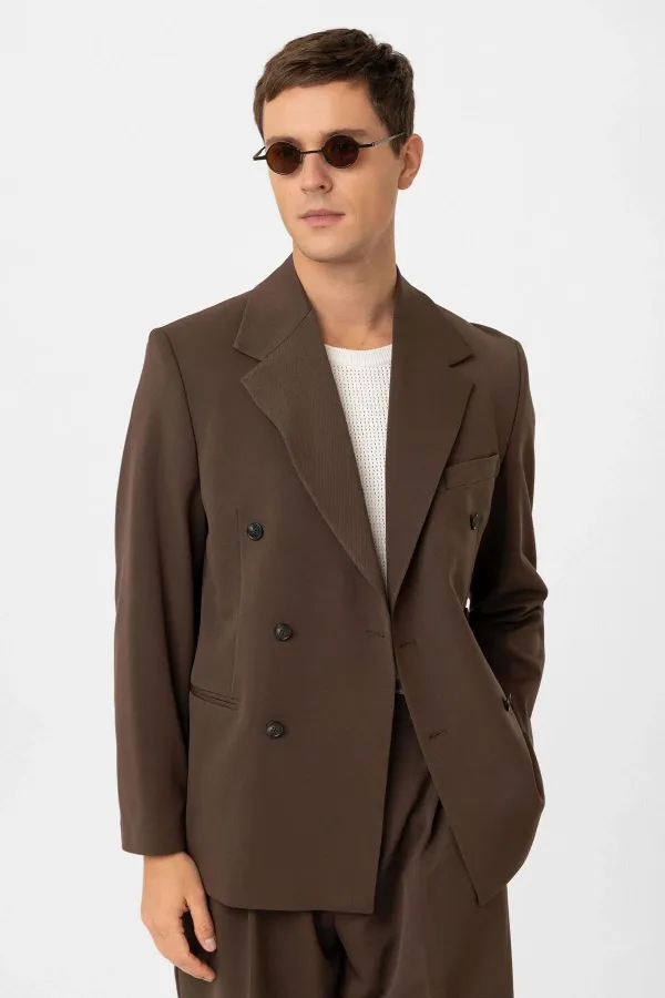 Antioch Kahve Relax Fit Kruvaze Erkek Blazer Ceket