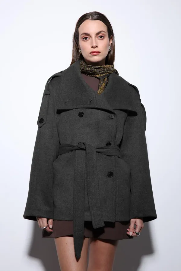 Antioch Anthracite Stand-Neck Double-Breasted Women's Coat