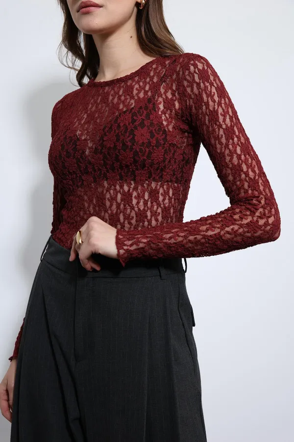 Antioch Bordo Dantel Detaylı Transparan Bluz