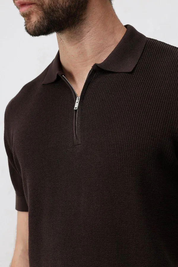 Antioch Kahve Comfort Slim Fermuarlı Erkek Triko T-Shirt