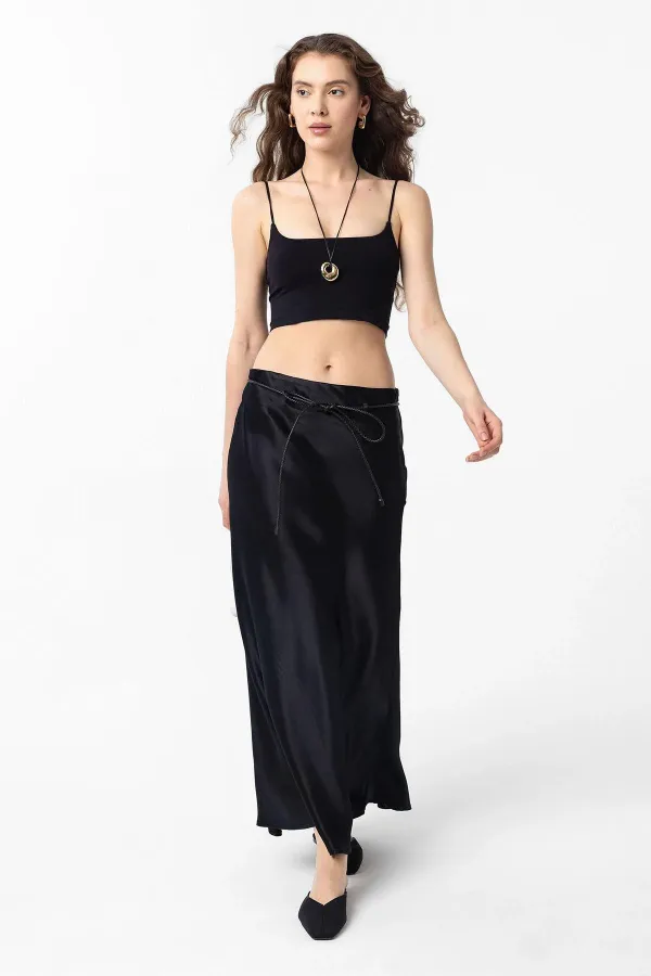 Antioch Siyah Kemerli Saten Uzun Kadın Etek