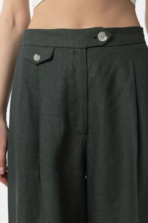 Antioch Haki 100% Keten Yüksek Bel Pilili Kadın Pantolon