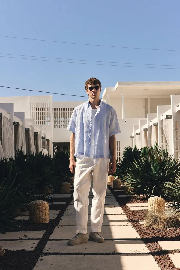 Antioch Bebe Mavi 100% Keten Relaxed Erkek Gömlek