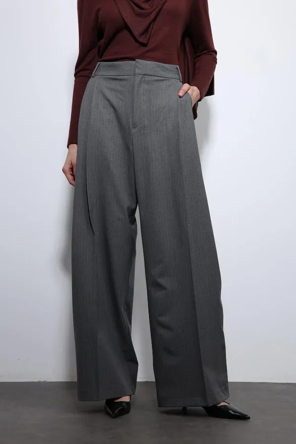 Antioch Gri Çizgili Geniş Paça Pantolon