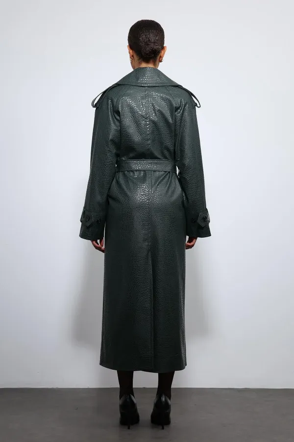 Antioch Haki Dokulu Suni Deri Trençkot