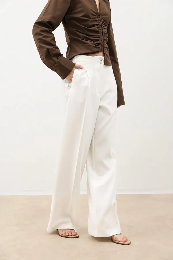 Antioch Ecru Wide Leg Women's Trousers with Pens Detail