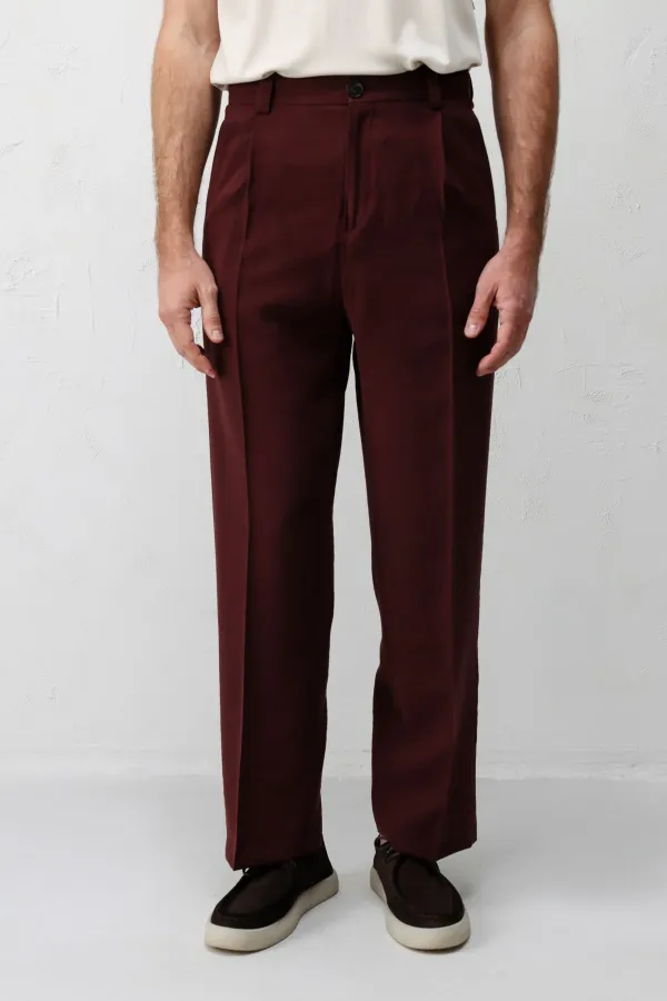 Antioch Bordo Pileli Relaxed Fit Erkek Pantolon
