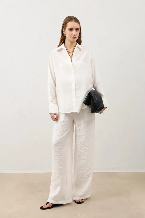 Antioch Ekru Dökümlü Oversize Kadın Gömlek