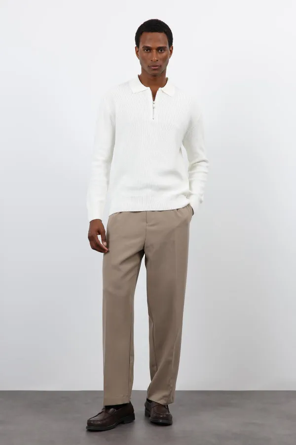 Antioch Ekru Fermuarlı Erkek Triko Kazak