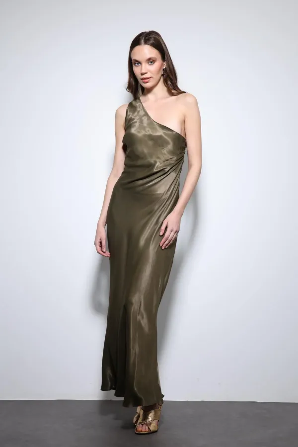 Antioch Haki Asimetrik Yaka Saten Uzun Elbise