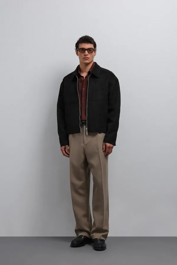 Antioch Siyah Fermuarlı Suni Süet Erkek Mont