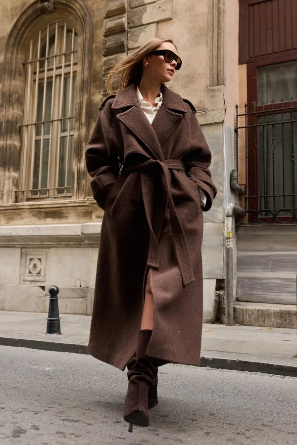 Antioch Kahve Oversize Kemerli Kaban