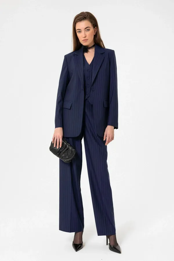 Antioch Lacivert Kadın Tek Düğme Çizgili Blazer Ceket