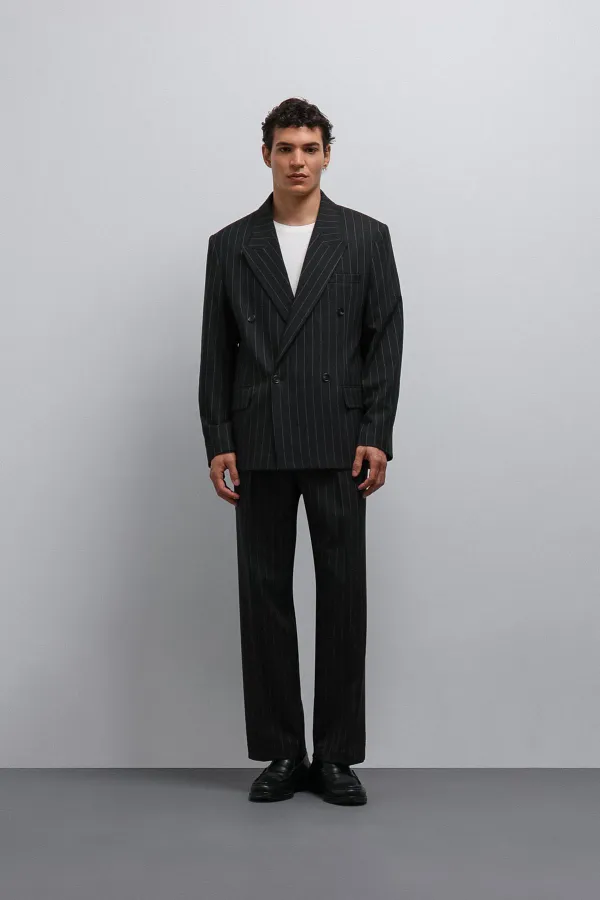 Antioch Black Striped Double-Breasted Men's Blazer Jacket
