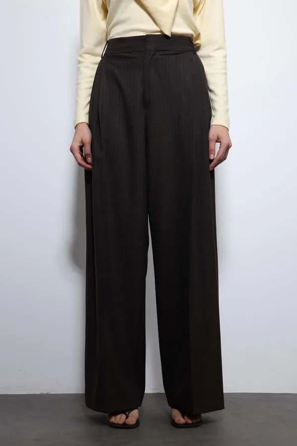 Antioch Kahve Çizgili Geniş Paça Pantolon