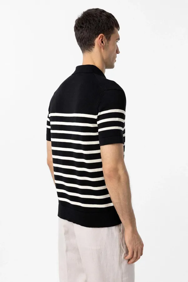 Antioch Siyah/Ekru Polo Yaka Çizgili Erkek Triko T-Shirt