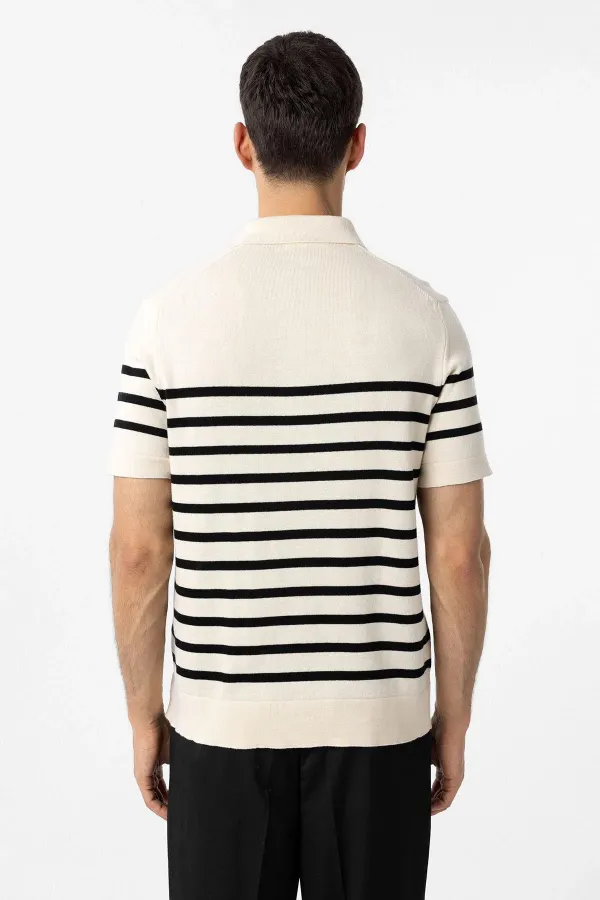 Antioch Ekru-Siyah Polo Yaka Çizgili Erkek Triko T-Shirt