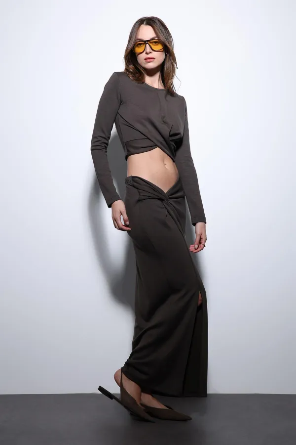 Antioch Kahve Yırtmaç Detaylı Kadın Etek Takım